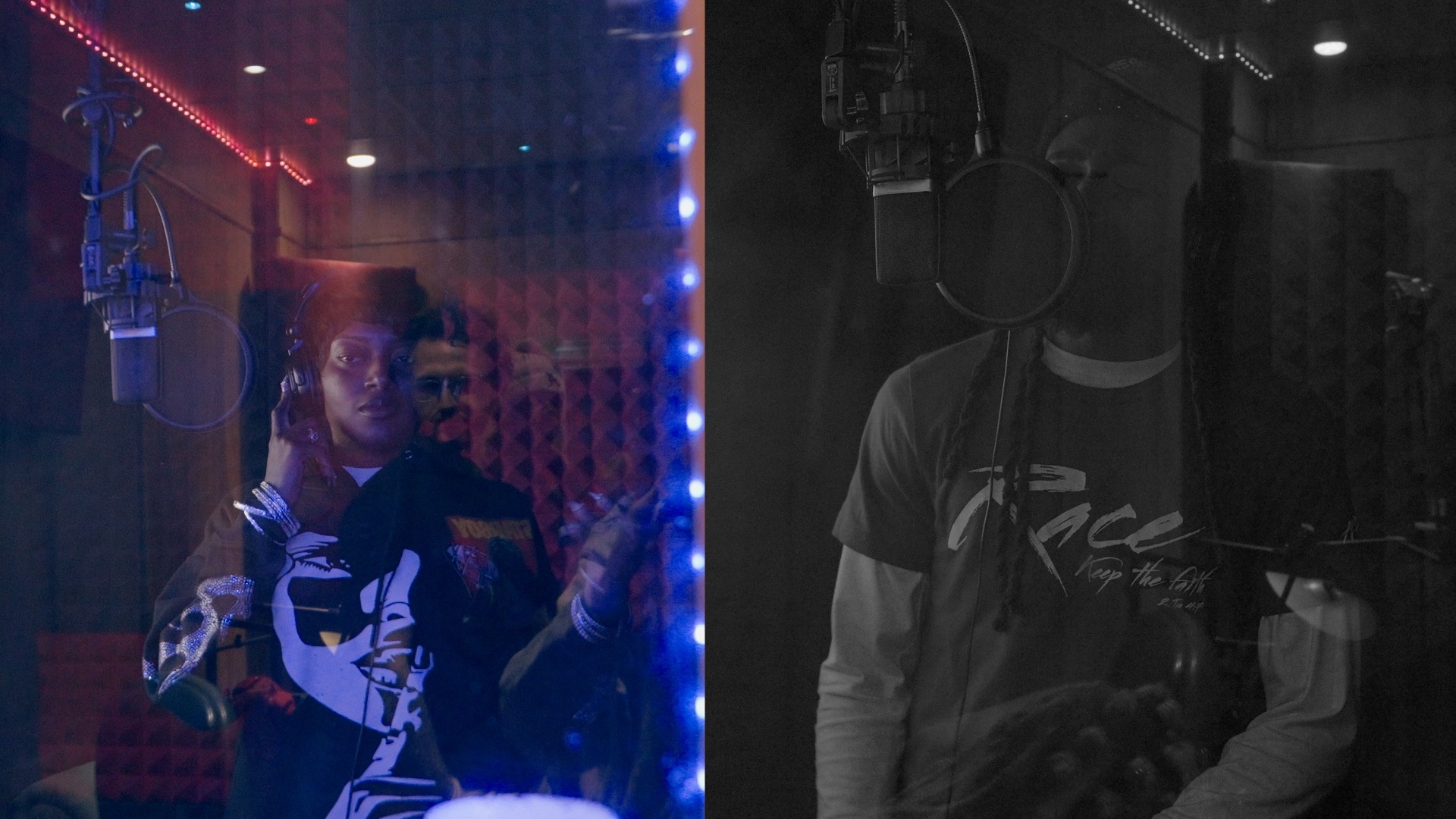 Two artists seen through the recording booth glass